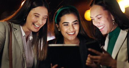 Tablet, night and smile with business people in city for stock broker report, market research and planning. Bokeh, trading app and investor partnership with women outdoor for overtime and account
