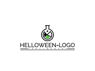 Happy halloween logo. Halloween laboratory flask logo with green and black segmented liquid on white background beaker