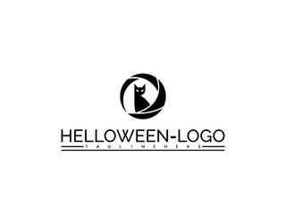 Happy halloween logo. Black cat silhouette within a camera lens aperture with text HELOWEN- LOGO below halloween logo
