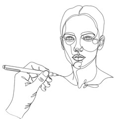 Line Drawing of a Person's Face and Hand Holding Pencil in White Background Minimalist Outline Style