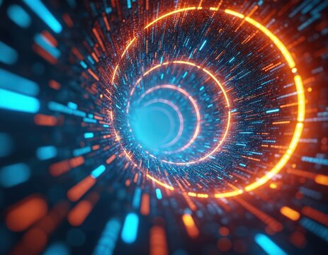 Abstract digital vortex of blue, orange lights. Represents futuristic technology, data flow, artificial intelligence. Glowing spiral tunnel innovation, cyber network, data transmission, speed. - Powered by Adobe