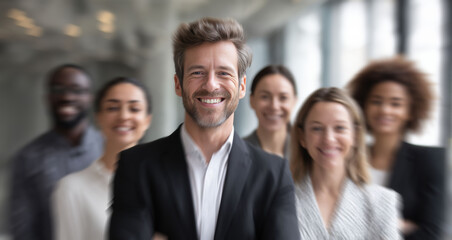 Fototapeta premium At a corporate networking event, successful businesswoman and businessman socializes with diverse colleagues, emphasizing collaboration in modern office setting.