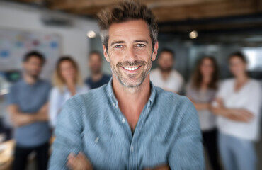 Fototapeta premium At a corporate networking event, successful businesswoman and businessman socializes with diverse colleagues, emphasizing collaboration in modern office setting.