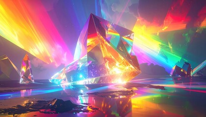 A vibrant landscape, filled with large, multifaceted crystals, radiating with rainbow light beams.