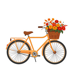Orange Bicycle with Basket Full of Autumn Flowers on White Background Pixel Art