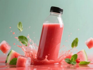 A refreshing watermelon juice splash with mint leaves and ice cubes, presented in a clear bottle against a light green background.