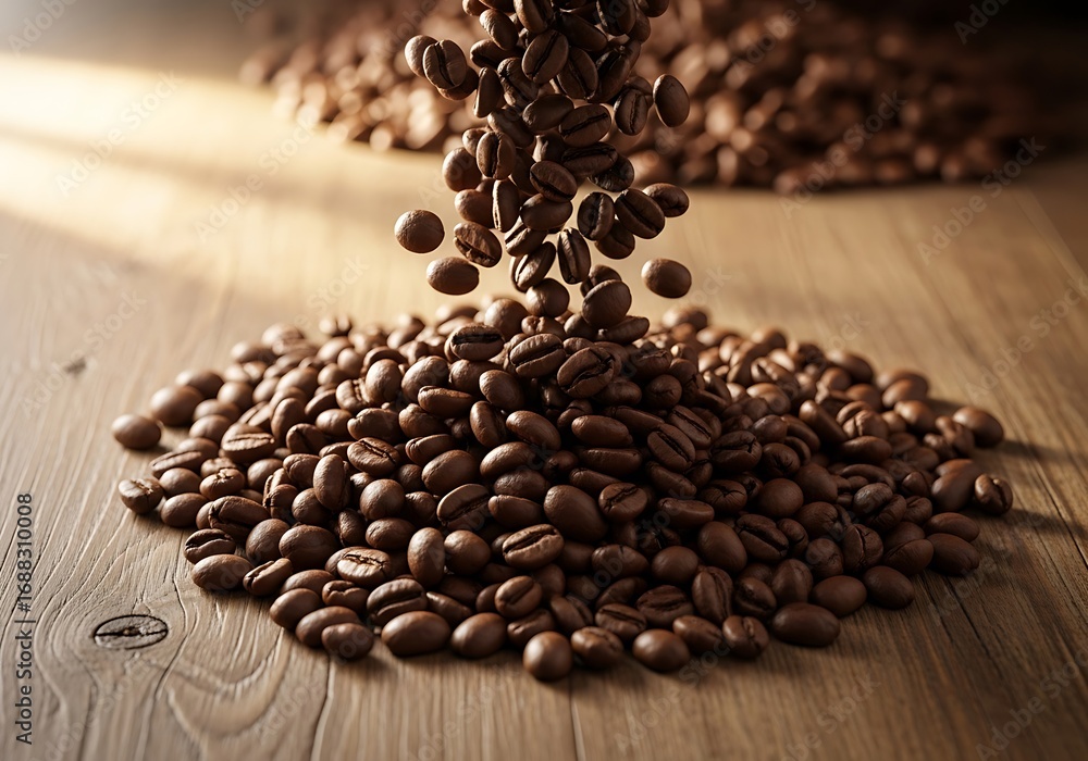 Poster a scattering of roasted coffee beans cascade onto a rich wooden surface, creating a captivating disp