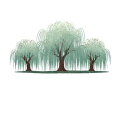 Three Weeping Willow Trees with Green Foliage in Pixel Art Style on White Background