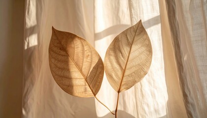 Two light brown leaves, backlit by sunlight streaming through a window, cast soft shadows on a sheer cream-colored curtain
