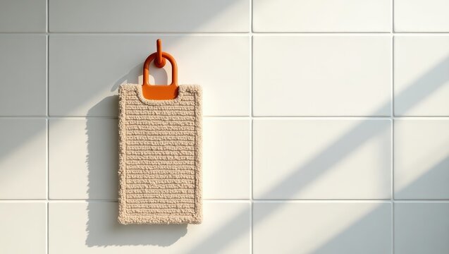A beige textured cleaning scrub hangs on an orange hook against a bright white tiled wall, sunlit shadows accentuating the scene