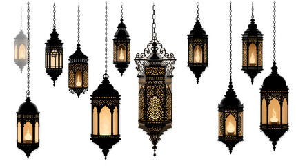 Obraz premium Islamic lantern element set for ramadan in silhouettes. Arabic antique hanging oil Lamp lights isolated vector.