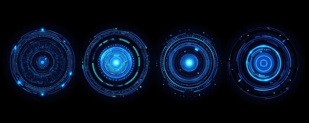 Four glowing, circular, futuristic interface elements