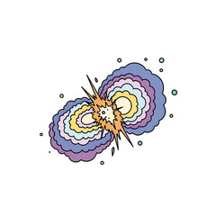 Colorful Pixelated Explosion Effect on White Background with Layers of Purple Blue and Yellow Hues Emitting Sparks