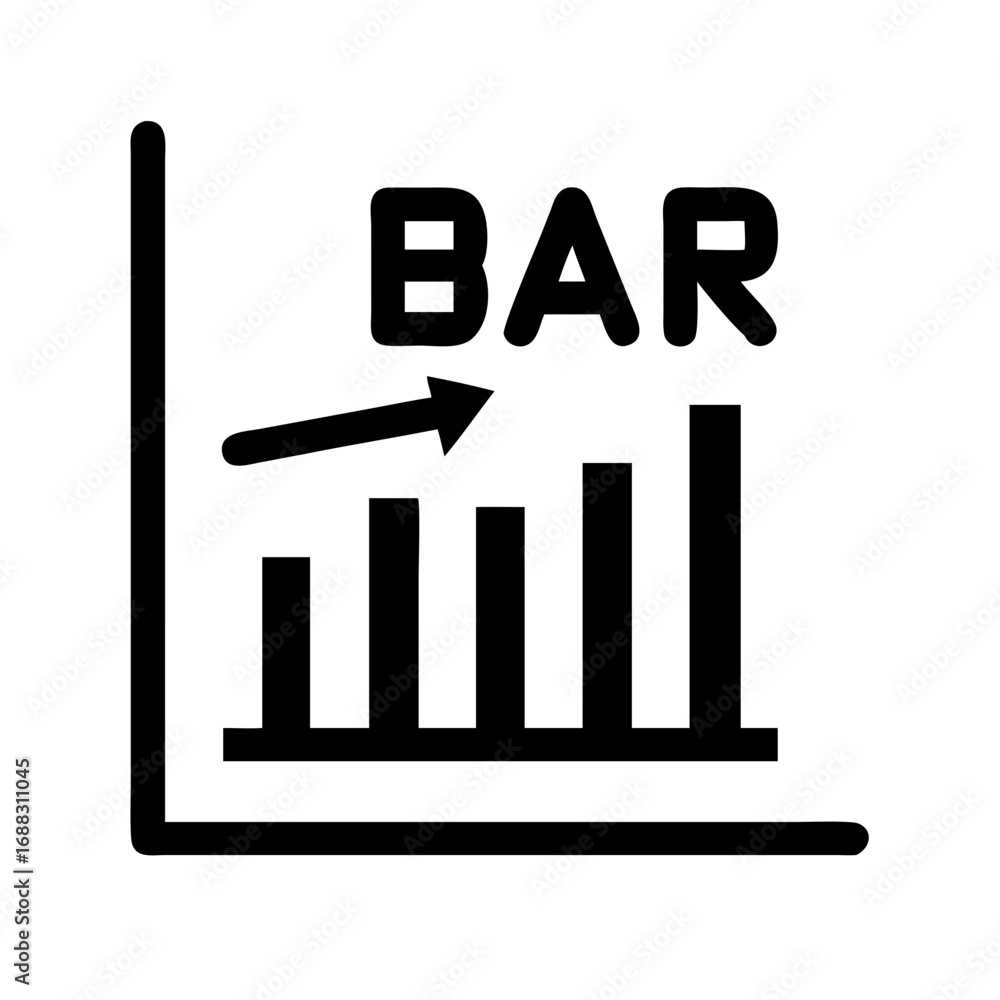 Poster illustration of a bar chart showing an upward trend with an arrow and the word bar on top of it