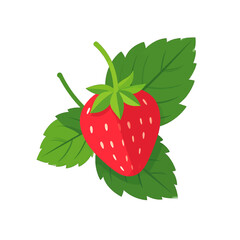 Isolated Red Strawberry with Green Leaves on White Background Simple Cartoon Style