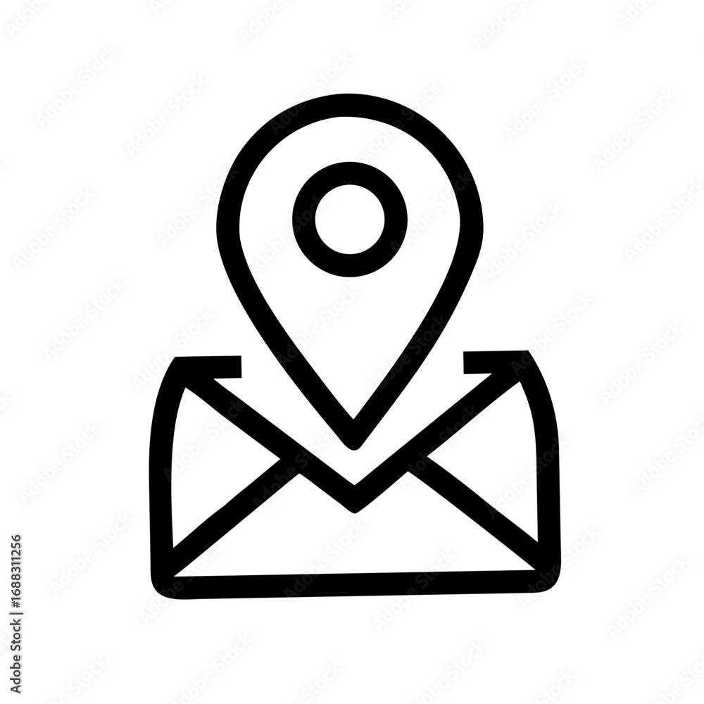 Poster black outline of location pin on top of an envelope representing a location based mail service icon