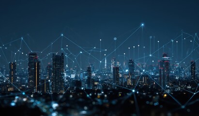 Night cityscape, interconnected by digital network lines.  A futuristic view of a city at night, with illuminated buildings and lines connecting them, creating a sense of technological connectivity