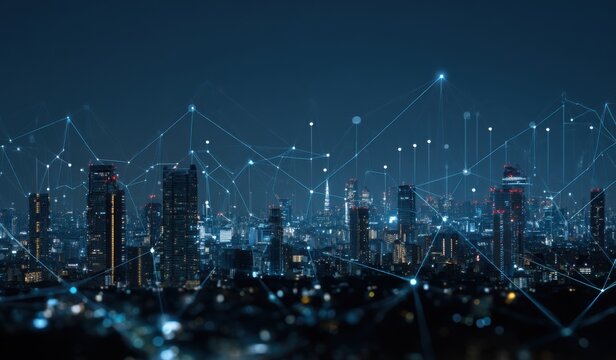 Night cityscape, interconnected by digital network lines.  A futuristic view of a city at night, with illuminated buildings and lines connecting them, creating a sense of technological connectivity - Powered by Adobe