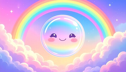 Cute bubble with rainbow and clouds
