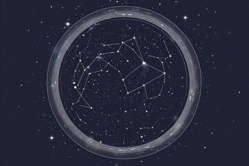 Minimalist vector illustration of a zodiac circle in black and white, floating over a deep navy blue background, with clean linear constellations and geometric alignments forming a celestial wheel 