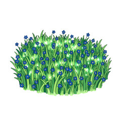 Lush Meadow of Pixelated Blue Flowers and Green Grass Against a Plain White Background in a Charming Retro Style
