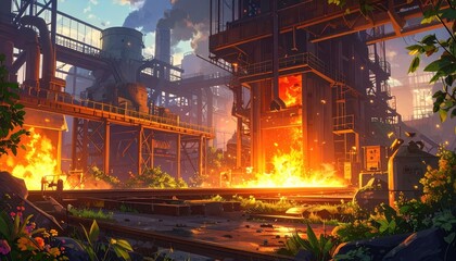 A vibrant, industrial scene depicting a bustling steel mill at sunset, with fiery furnaces and lush greenery.