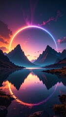 Colorful halo over a mountain lake at sunset