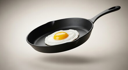 Fried egg in black frying pan yolk white