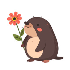 Cartoon Mole Holding a Red Orange Flower with Green Leaves on a White Background Illustration of a Cute Animal for Children's Design or Decoration