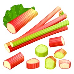 Colorful rhubarb stalks and slices