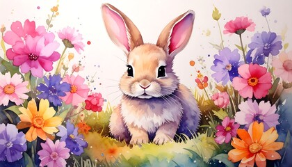 Cute bunny in a colorful flower garden