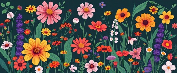 Obraz premium Whimsical stylized wildflowers & foliage, vibrant colors, charming botanical background, playful, art