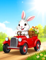 Cute bunny in red car with flowers