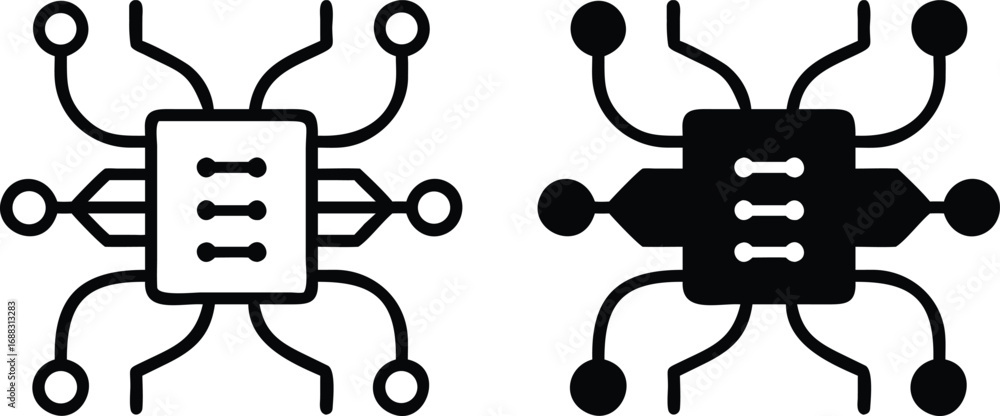 Poster microchip circuit board icon vector, black and white processor technology symbol
