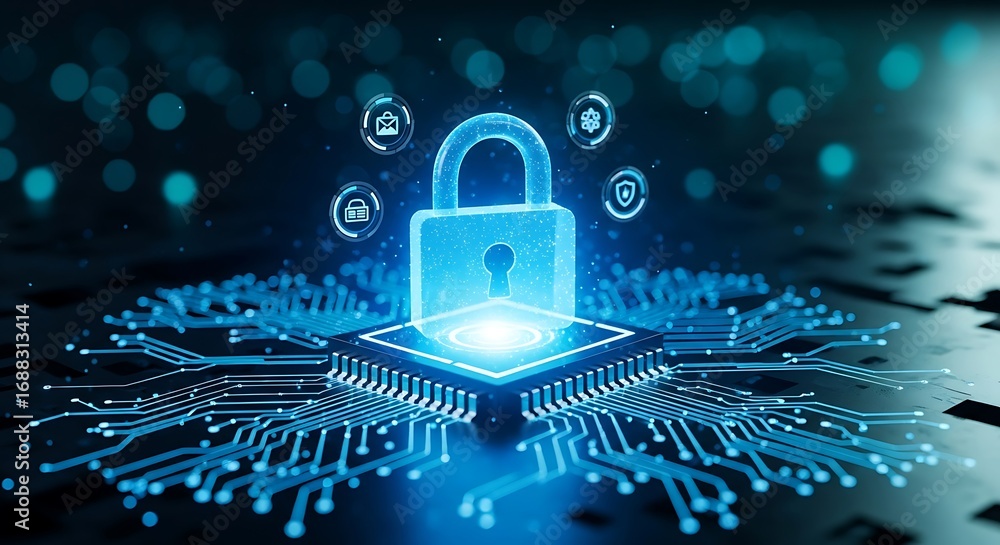Aufkleber digital padlock on a computer chip with circuit board