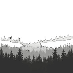 Monochrome Silhouette of Evergreen Trees in Forest Landscape with White Sky Background Illustration Featuring Layered Depth and Texture for Graphic Design