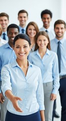 Obraz premium Diverse business team in light blue shirts smiling