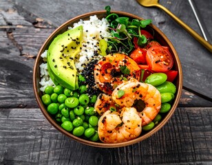 Colorful healthy bowl with rice, shrimp, avocado, and vegetables