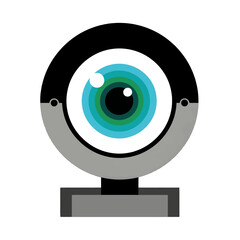 Webcam with a Large Eye Illustration Featuring Blue and Green Iris on a White Background