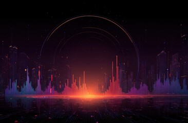 Abstract cityscape, vibrant audio waves.  Sunrise glows over futuristic city