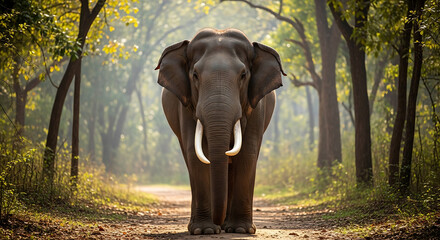 Fototapeta premium Majestic elephant walks through sunlit forest path
