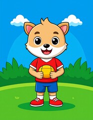 Cute cartoon animal holding a ball in a park
