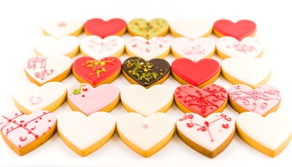 Colorful heart-shaped cookies arranged in a grid