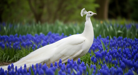 Elegant white peacock stands majestically in a field of vibrant blue flowers