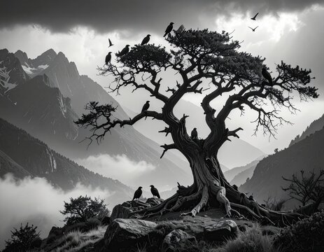 A stark black and white landscape featuring a weathered tree with crows perched atop, nestled amongst misty mountains