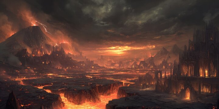 A fiery, ruined city engulfed by lava flows, volcanic eruptions, and ominous clouds - Powered by Adobe