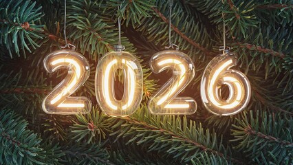 Glowing 2026 numbers hanging like ornaments on green pine branches. Warm festive lights create cozy holiday atmosphere. New Year decoration with illuminated digits on Christmas tree.