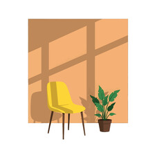 Yellow Chair and Green Plant in Room with Sunlight Casting Shadows on Orange Wall in Vector Illustration Style