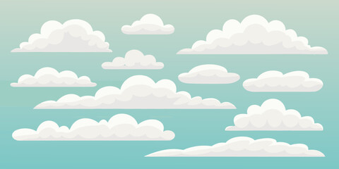 A collection of fluffy white cartoon clouds scattered across a gradient blue sky background