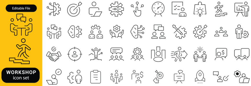 Workshop icon set. Business related line icons teamwork, collaboration, education, coaching, team building, meeting, training, presentation and more. Editable stroke. Vector illustration - Powered by Adobe